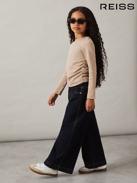Reiss Tan Trina Cotton-Jersey Ruched Long-Sleeve T-Shirt (AK0917) | AED101