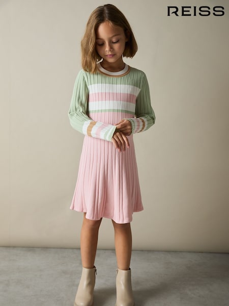 Reiss Pink Polly 4-9 yrs Colour-Block Rib-Knit Skater Dress (AK0925) | €86