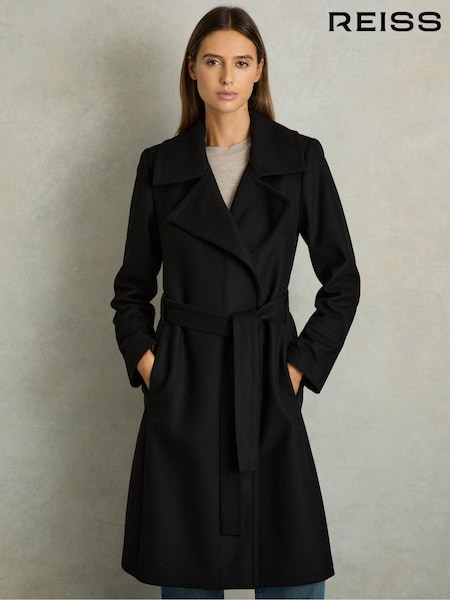 Reiss Black Rae Petite Wool Blend Belted Double Breasted Coat With Cashmere (AK0943) | € 590