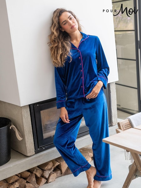 Pour Moi Blue Velour Revere Collar Pyjamas Set (AK0987) | €70