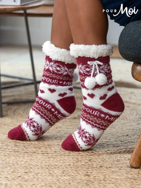 Pour Moi Red Cosy Cable Knit Lined Slippers Socks (AK1035) | AED105