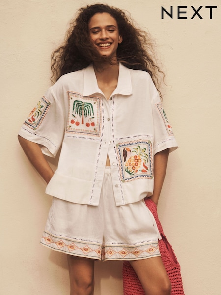 Mehrfarbig - Embroidered Beach Shorts With Linen (AK1047) | 47 €