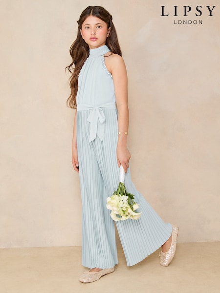 כחול  - Lipsy Halter Embellished Occasion Jumpsuit (5-16yrs) (AK1400) | ‏231‏₪ - ‏272‏ ₪