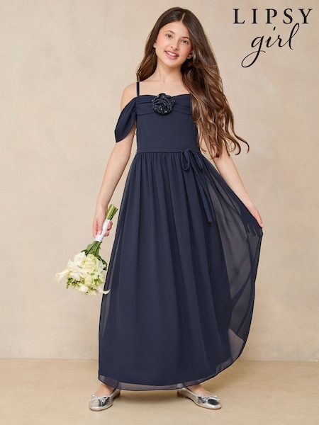 Lipsy Navy Blue Corsage Cold Shoulder Occasion Dress (10-16yrs) (AK1403) | €59 - €68