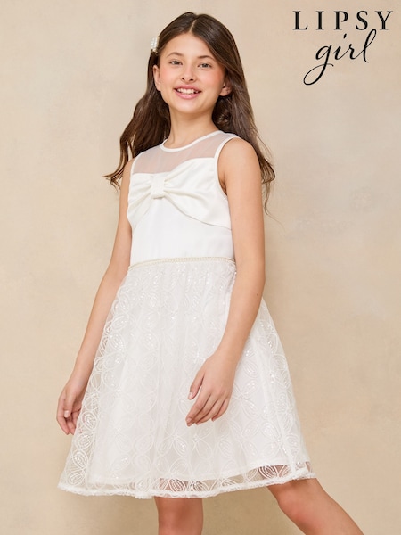 Lipsy Ivory 3D Bow Pearl Trim Ocassion Dress (5-16yrs) (AK1404) | R$ 590 - R$ 670