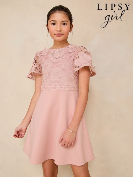 Vaaleanpunainen 2-in-1 - Lipsy Flutter Sleeve Lace Occasion Mekko (5-16v) (AK1407) | €76 - €88