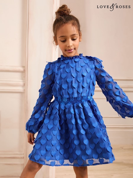 Love & Roses Cobalt Blue 3D Heart Long Sleeve Dress (5-16yrs) (AK1432) | €68 - €79