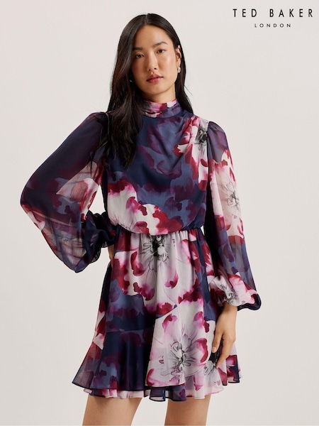 Ted Baker Aracely Printed Long Sleeves Neck Tie  Mini Dress (AK1615) | €126