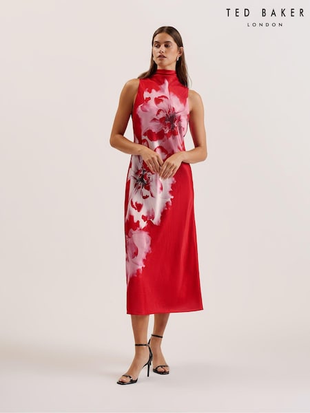 Ted Baker Red Aliara Printed Cowl Neck Midi Slip Dress (AK1619) | €264