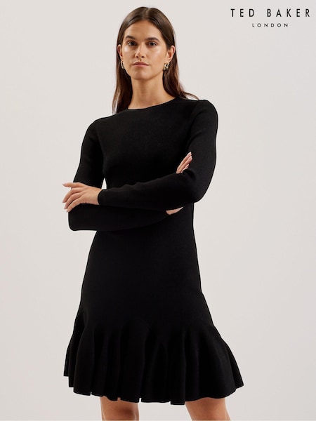 Ted Baker Black Loisss Flippy Skirt Long Sleeve Mini Dress (AK1622) | €95
