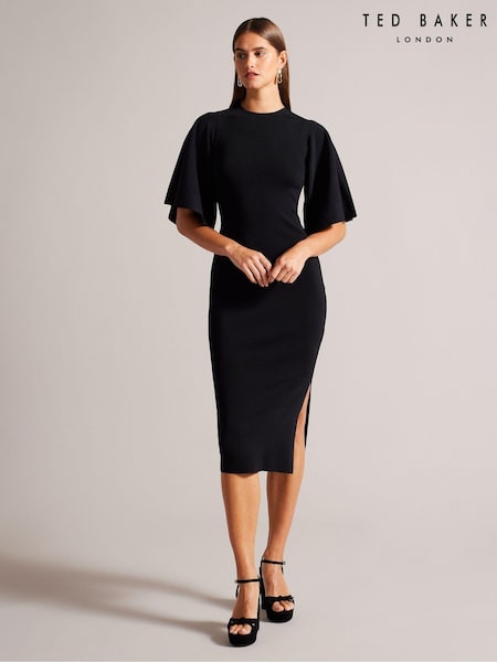 Ted Baker Black Lounia Fluted Sleeves Knitted Bodycon Midi Dress (AK1625) | 482 QAR