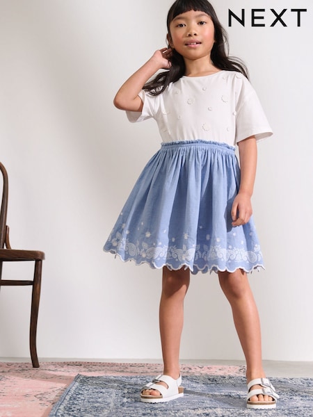 White/Blue Daisy Trim Embroidered 100% Cotton Skirt Dress (3-12yrs) (AK1626) | €28 - €33
