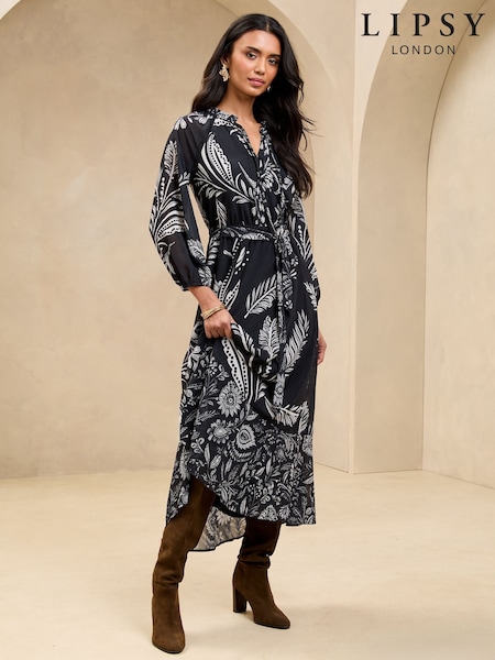 Lipsy Black/White Printed VNeck Midi Shirt Dress (AK1636) | 341 QAR