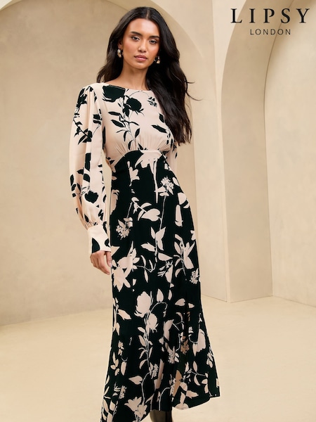 Lipsy Black/White Long Sleeve Split Detail Midi Dress (AK1639) | €81