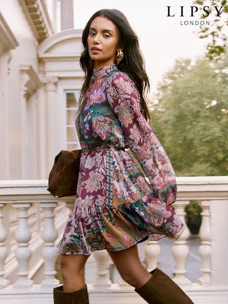 Lipsy Neutral High Neck Patchwork Paisley Boho Mini Shift Dress (AK1640) | €82