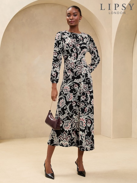 Lipsy Black Long Sleeve Printed Jersey Underbust Midi Dress (AK1647) | €49