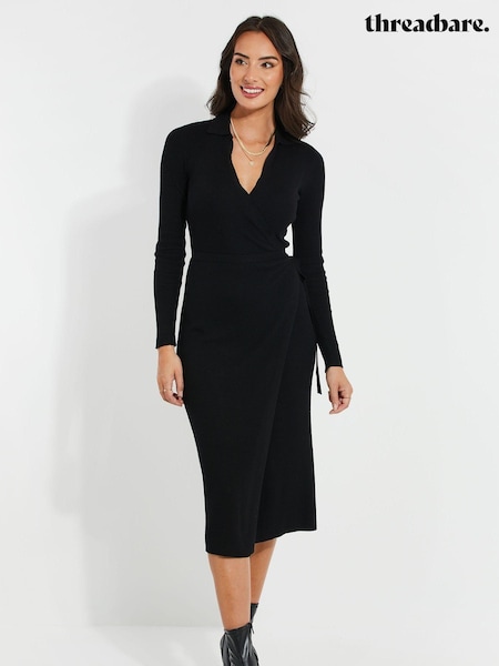 Threadbare Black Ribbed Wrap Dress (AK1652) | €26