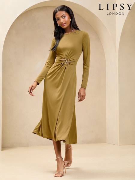 Lipsy Olive Green Ruched Fit and Flare Midi Dress with Gold Trim Detail (AK1654) | €76