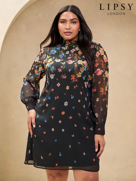 Lipsy Black Curve Long Sleeved Printed Shift Dress (AK1660) | €69