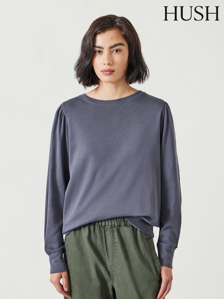 Hush Light Grey Emily Puff Sleeve 100% Cotton Jersey Top (AK1674) | ₪201