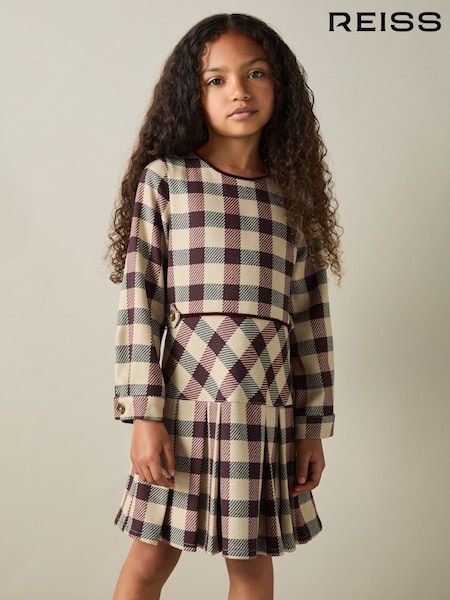 Reiss Burgundy Elif 9-13 yrs Check Piped Pleated Dress (AK1768) | €50