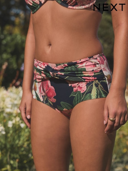 Kew Collection Navy/Pink Floral Midi Waist Bikini Bottoms (AK1886) | €28