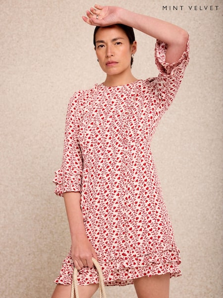 Red - Mint Velvet Print Ruffle Mini Dress