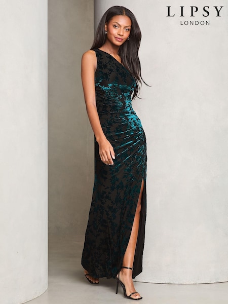 Lipsy Teal Velvet Devore One Shoulder Maxi Dress (AK2095) | 245 QAR