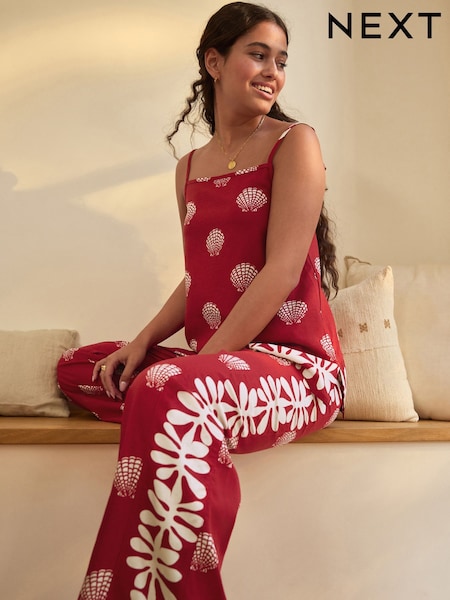 Red Shells Linen Blend Cami Vest Pyjamas (AK2101) | R$ 365