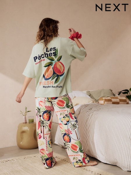 Salvianvihreä Vihreä Persikat - 100% Cotton Lyhyt hiha Pyjama (AK2104) | €35