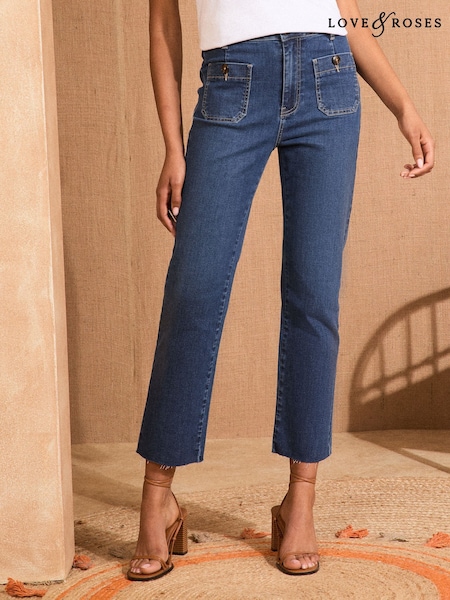 Mid Wash Sininen - Love & Roses Crop Straight Leg Jeans With Patch Pocket (AK2215) | €76