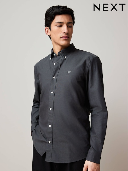 Charcoal Grey Slim Fit Long Sleeve Oxford Shirt (AK2550) | €30