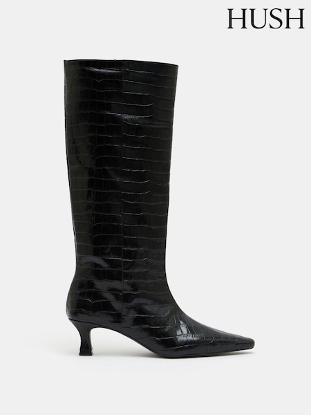 Hush Black Katlynn Leather Kitten Heel Knee Boots (AK2835) | AED728