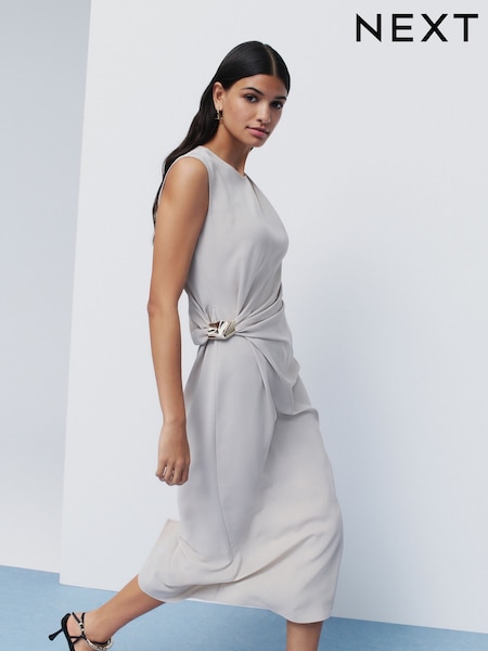Песочный - Ruched Drape Gold Hardware Midi Dress (AK3053) | €70