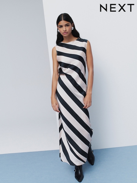 Black and Neutral Stripe Sleeveless Satin Drape Waist Detail Midi Dress (AK3060) | 215 QAR