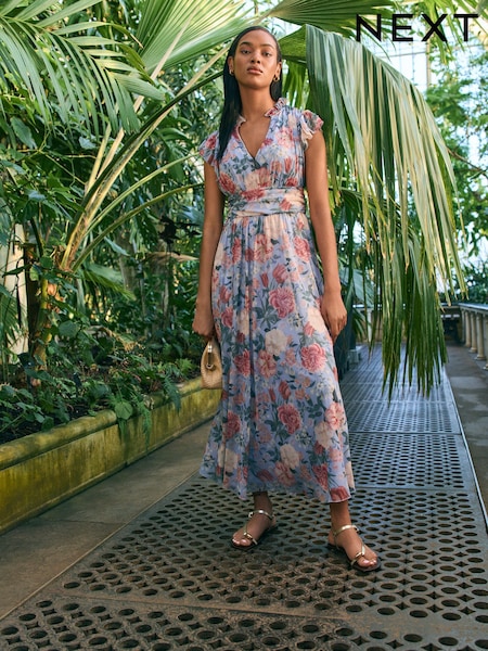 Blau mit floralem Muster - Plissiertes Midikleid aus Netzstoff mit V-Ausschnitt und Print für besondere Anlässe (AK3128) | 122 €