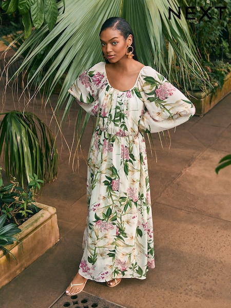 Kew Collection Cream And Green/Pink Floral - Long Sleeve Pleated Maxi Dress (AK3139) | CHF 149
