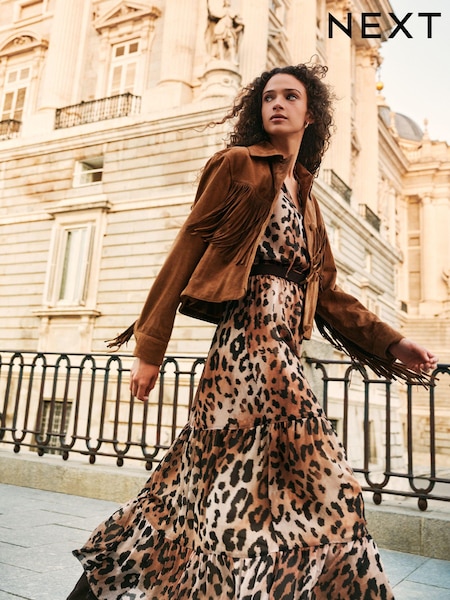 Brown Leopard Animal Print Long Sleeve Boho Tier Maxi Dress (AK3140) | OMR18