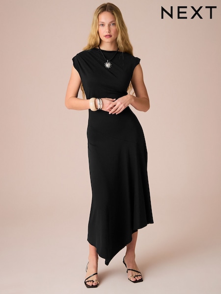 Black Short Sleeve Asymmetric Hem Midi Dress (AK3142) | €79.50