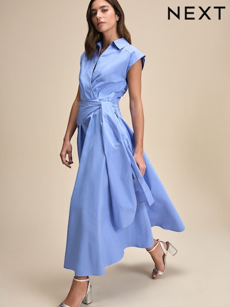 Голубой - Cap Sleeve Tie Waist Shirt 100% Cotton Dress (AK3145) | €75
