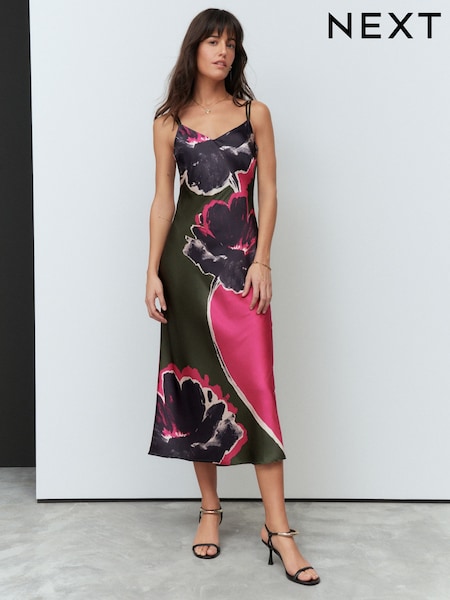 Green/Pink Placement Floral - Satin Cami Midi Slip Dress (AK3147) | ‏140‏₪