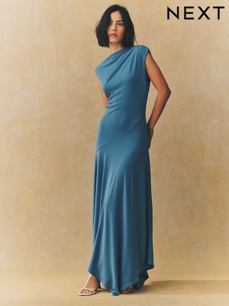 Chambray Blue Short Sleeve Asymmetric Hem Midi Dress (AK3161) | 278 QAR