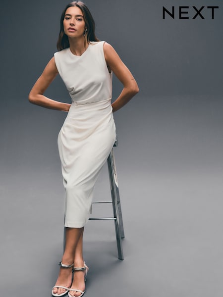 Ecru Sleeveless Column Rouched Midi Dress (AK3163) | €69