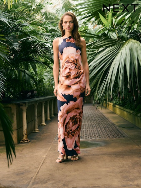 Navy Blue/Pink Floral Kew Collection Cowl Neck Maxi Dress (AK3173) | R$ 610