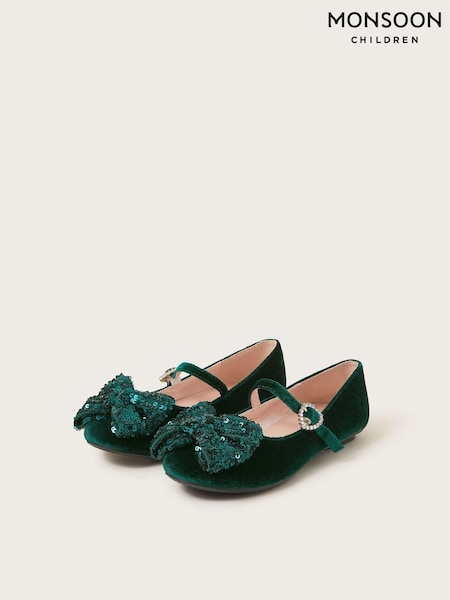 Monsoon Green Sequin Bow Velvet Ballet Flats (AK3188) | €14.50 - €17.50
