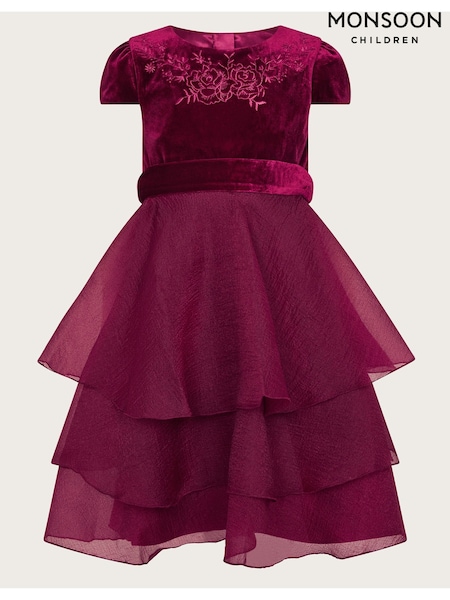 Monsoon Red Mabel Embroidered Velvet Ruffle Dress (AK3202) | €86 - €99