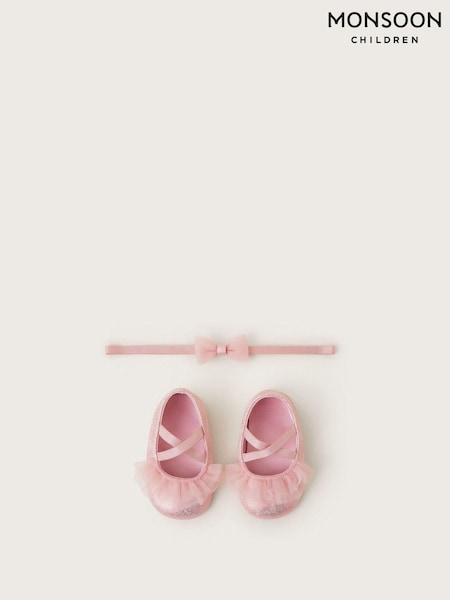 Monsoon Pink Baby Ruffle Flats and Bow Headband Set (AK3204) | €10