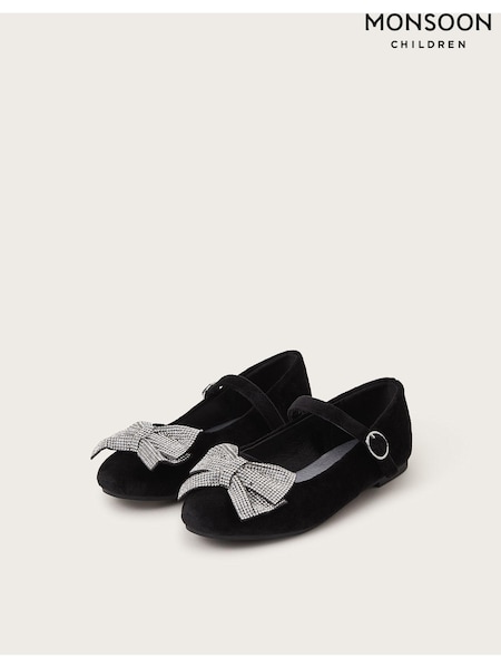 Monsoon Black Diamante Bow Velvet Ballet Flats (AK3209) | €16.50 - €20