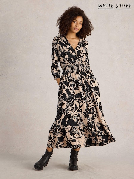 White Stuff Black 100% Cotton Jonie Shirred Jersey Dress (AK3313) | €43.50