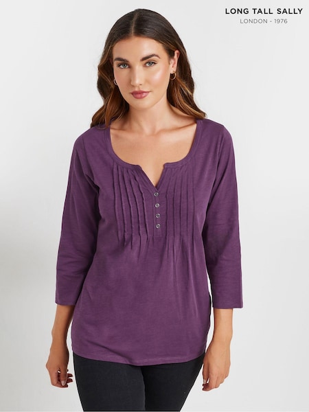 Violetti - Long Tall Sally 3/4 Sleeve Pintuck Henley 100% Cotton Top (AK3407) | €36